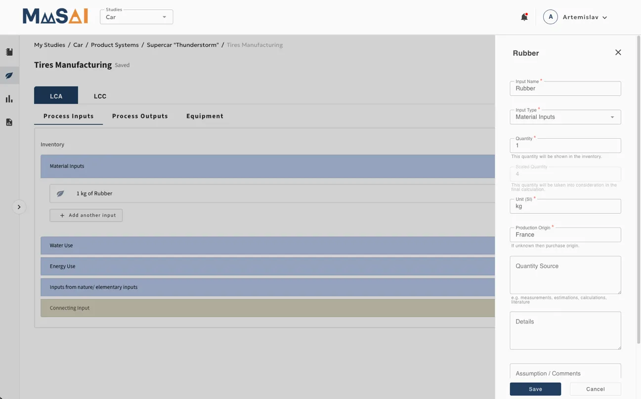 LCT Life Cycle Inventory editor