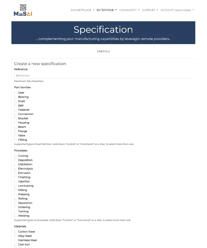 CMM request specification form