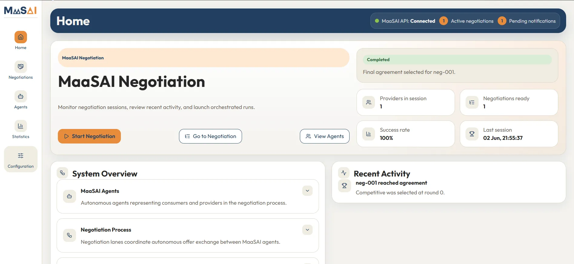 Agents' user interface main screen