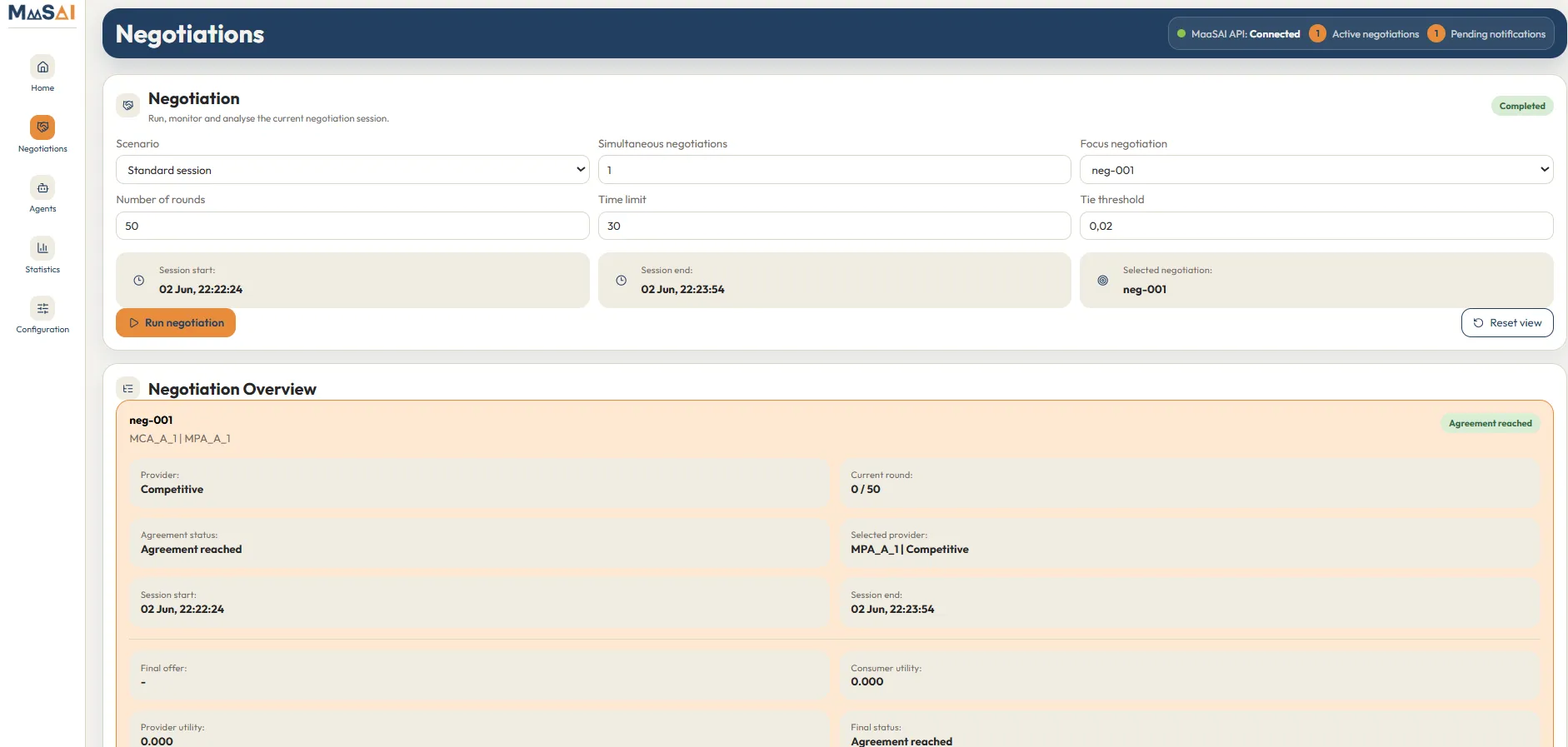Agents' user interface negotiations screen