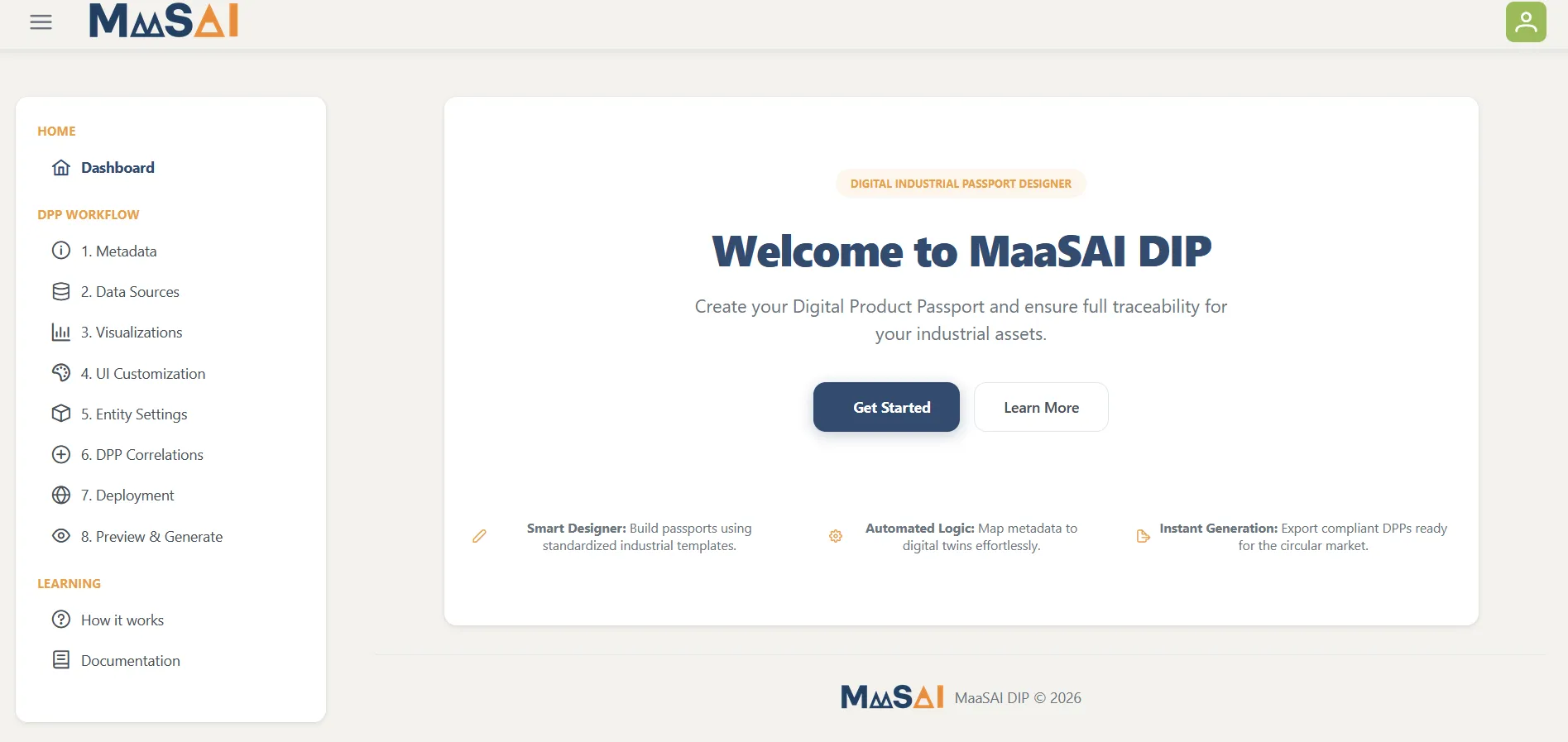 DIP landing page and passport dashboard